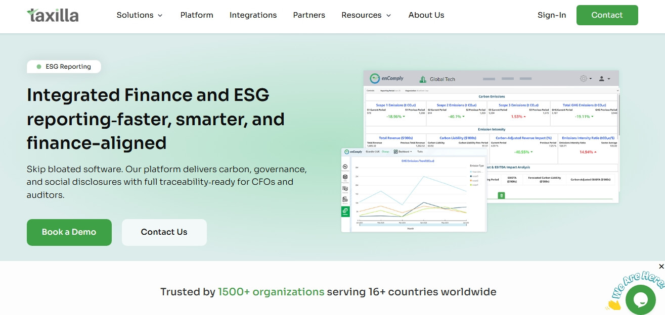Screenshot of the Taxilla ESG webpage